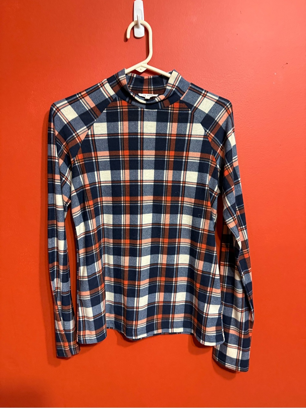 LA MIEL Women's Long-Sleeve Plaid Tee in Navy, White & Orange